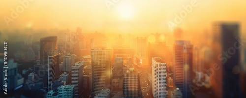 City skyline at sunset with golden light, urban beauty