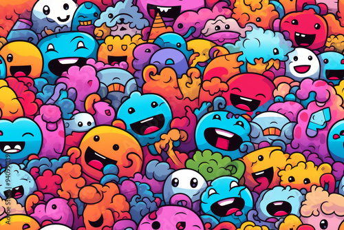 A colorful and vibrant background pattern of cartoon characters with happy expressions.