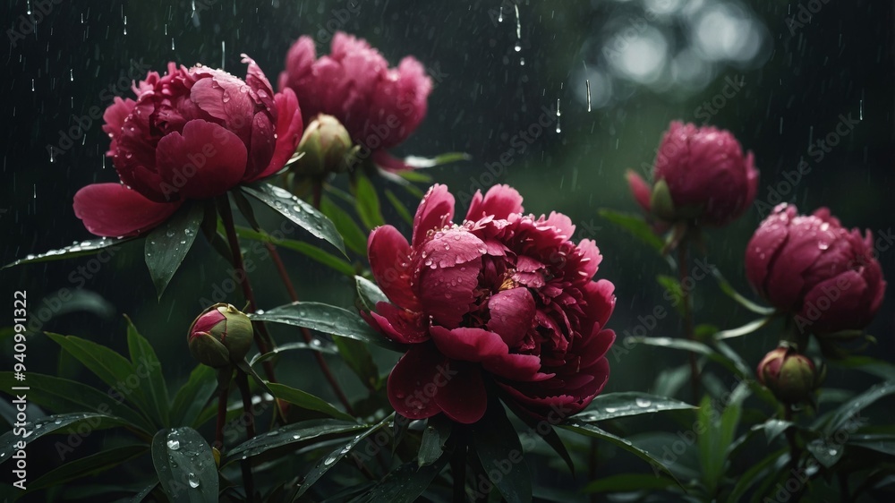 Obraz premium Pink peonies glisten with raindrops in a tranquil garden setting, showcasing nature's beauty