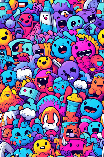 A colorful and vibrant doodle pattern with various happy cartoon characters and objects.