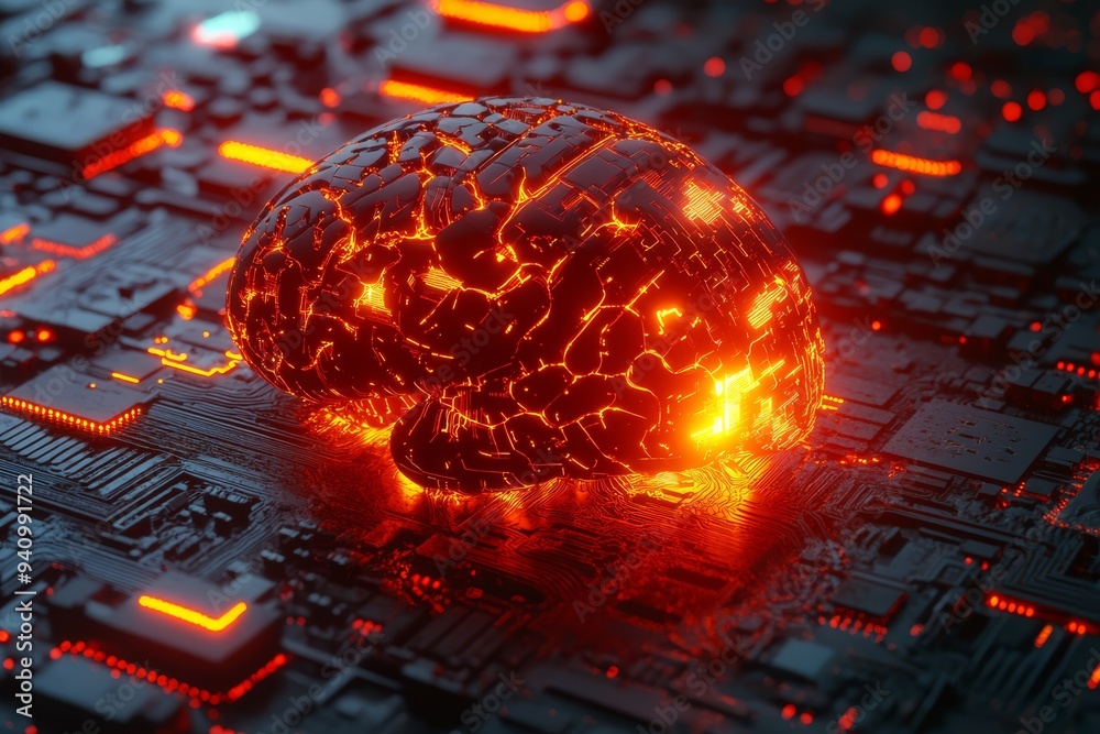 3D render of a brain on a circuit board with glowing neon lights. 3D render of a brain on a circuit board with glowing neon lights.
