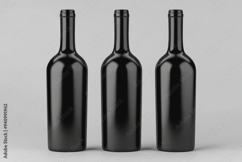 A mock-up of three black wine bottles with blank labels with copyspace for your brand on a dark abstract background. This is a 3D rendering and mock-up of the red wine concept with a blank label A mock-up of three black wine bottles with blank labels with copyspace for your brand on a dark abstract background. This is a 3D rendering and mock-up of the red wine concept with a blank label