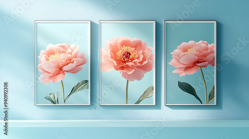 Abstract pastel pink and gold peonies flower divided in a set of 3 big picture frames hanging on a plain pastel powder blue wall. 