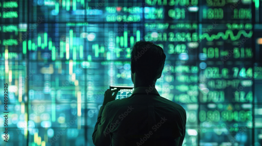 A person analyzing stock market data on smartphone, surrounded by digital screens displaying financial graphs and numbers. atmosphere conveys focus and determination. A person analyzing stock market data on smartphone, surrounded by digital screens displaying financial graphs and numbers. atmosphere conveys focus and determination.