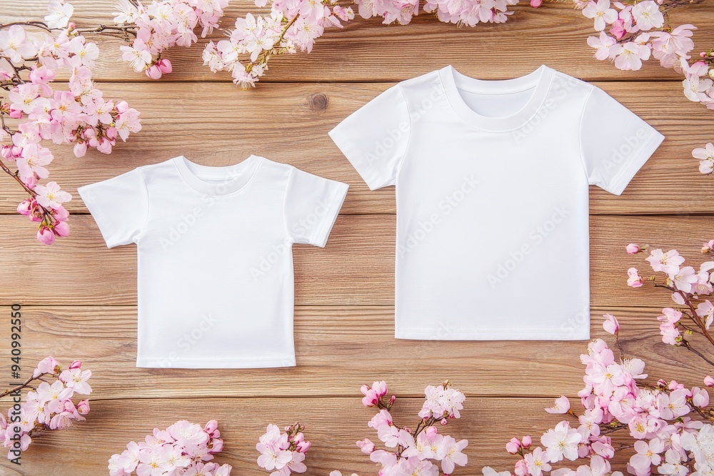 There are two spring t-shirt mockups with a cherry blossom background, flat lay on wood backing with copy space. Templates for Easter and Mother's Day. There are two spring t-shirt mockups with a cherry blossom background, flat lay on wood backing with copy space. Templates for Easter and Mother's Day.