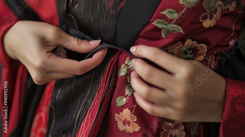 Close-up of a woman adjusting the pleats of her Ao Dai, with detailed focus on the fabric's texture and patterns