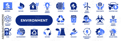 Set of vector solid icons related to environment and ecology, green activism, renewable energy. Symbols for website or app ui, logo design, illustration