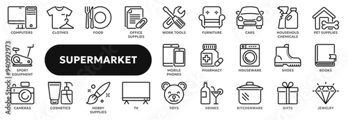 Set of vector line icons related to supermarket product categories, retail, e-commerce and shopping. Symbols for website or app ui, logo design, illustration