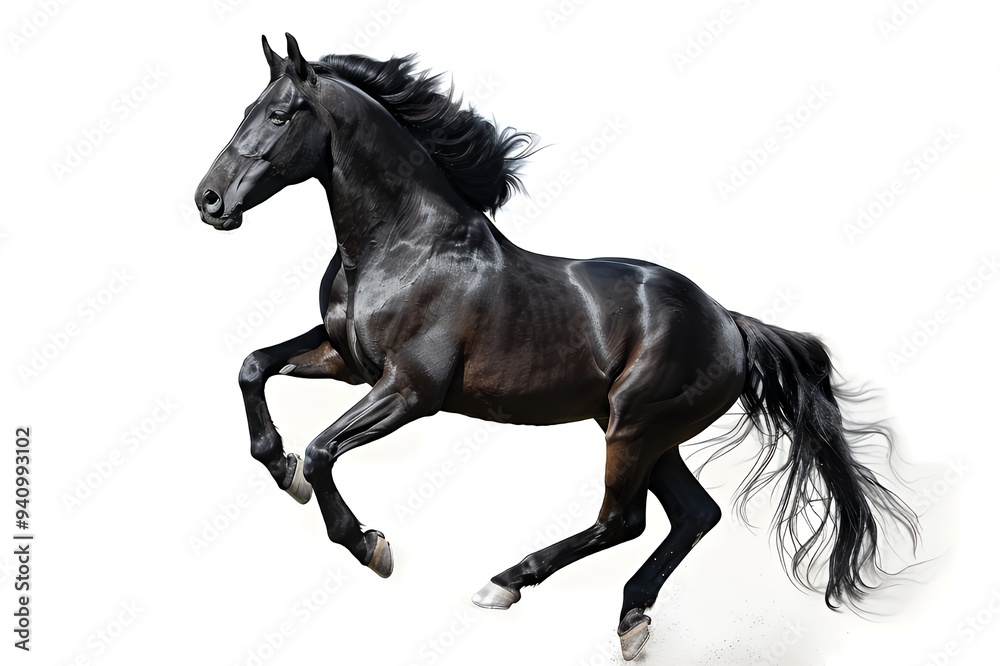 A powerful black horse in mid-gallop, showcasing strength and grace. A powerful black horse in mid-gallop, showcasing strength and grace.