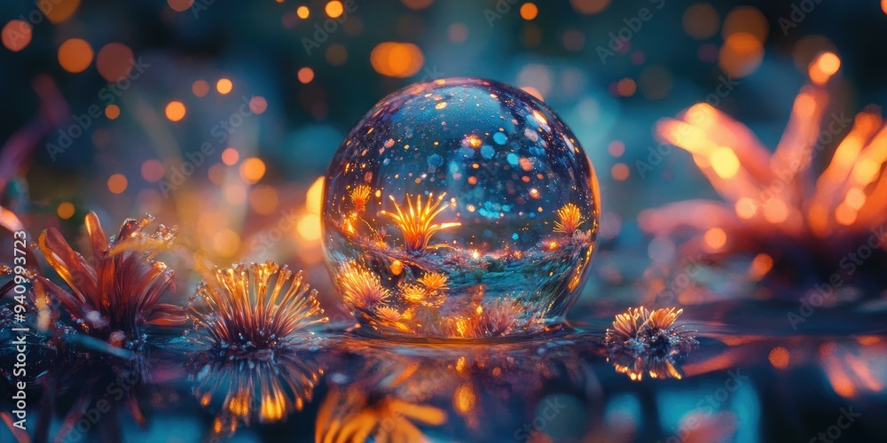 A glass orb with glowing flowers inside. A glass orb with glowing flowers inside.