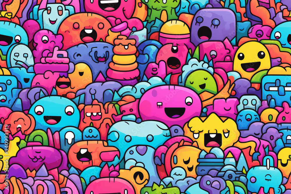 A colorful and whimsical pattern of happy cartoon monsters, perfect for a fun and playful design. A colorful and whimsical pattern of happy cartoon monsters, perfect for a fun and playful design.