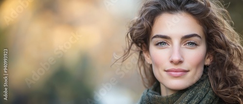  A woman, gazing seriously at the camera, wears a scarf around her neck in this close-up image