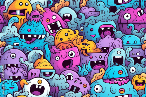 A colorful and whimsical seamless pattern featuring a multitude of cartoon monster faces with various expressions.