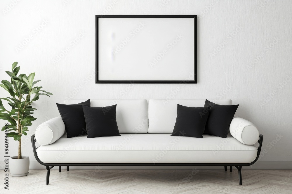 Mockup of a blank artwork frame on the wall of a white room. Mockup of a blank artwork frame on the wall of a white room.