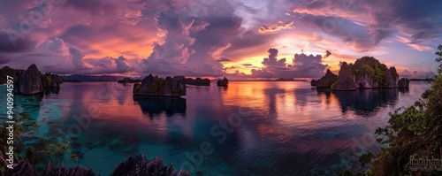 Tropical sunset over serene ocean with boats and islands.