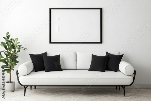 Mockup of a blank artwork frame on the wall of a white room.