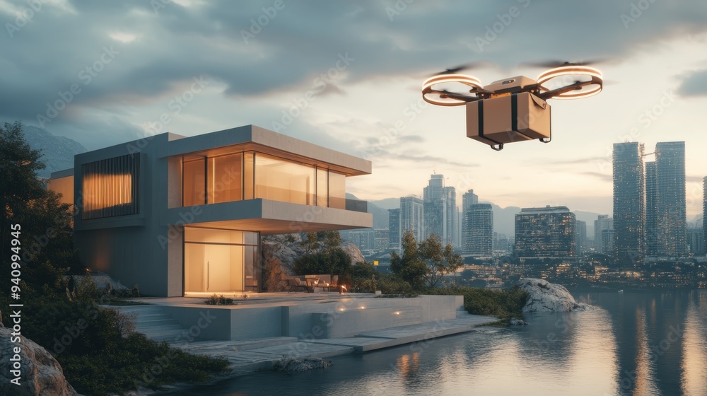 Obraz premium Drone delivering a package to a modern home in an urban setting, Technology service delivery concept.