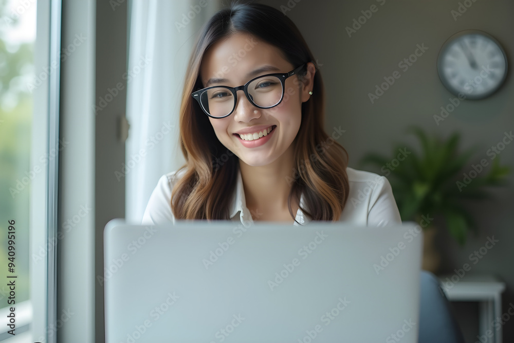 asian business woman with glasses looking at laptop and smiling asian business woman with glasses looking at laptop and smiling