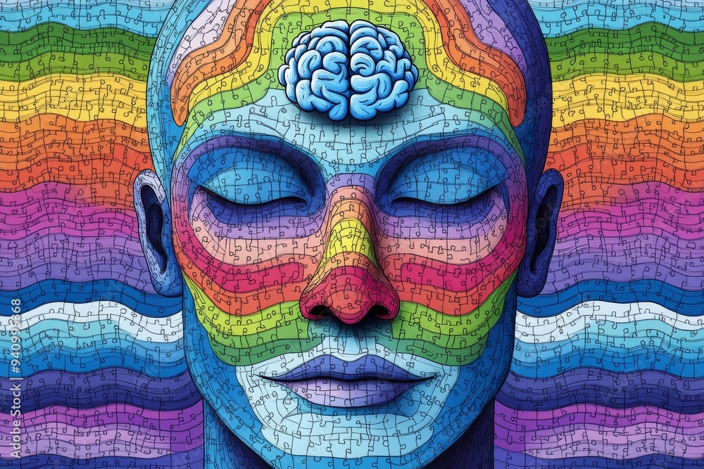 Vibrant digital painting of a face covered in colorful stripes with a glowing brain symbolizing the integration of thought creativity and the diverse layers of identity Vibrant digital painting of a face covered in colorful stripes with a glowing brain symbolizing the integration of thought creativity and the diverse layers of identity