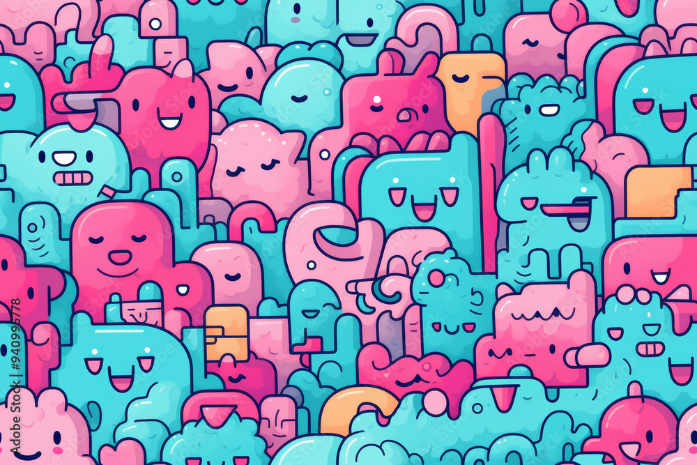 A colorful pattern of cute cartoon monsters with different expressions. A colorful pattern of cute cartoon monsters with different expressions.