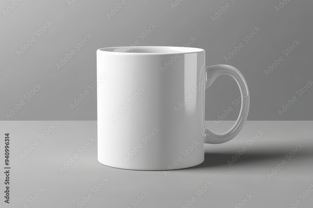 An abstract mockup of a white mug with a handle on a gray background An abstract mockup of a white mug with a handle on a gray background