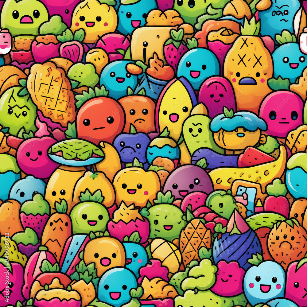 A colorful seamless pattern with a variety of cute cartoon fruits, vegetables, and food items, all with cheerful expressions. A colorful seamless pattern with a variety of cute cartoon fruits, vegetables, and food items, all with cheerful expressions.