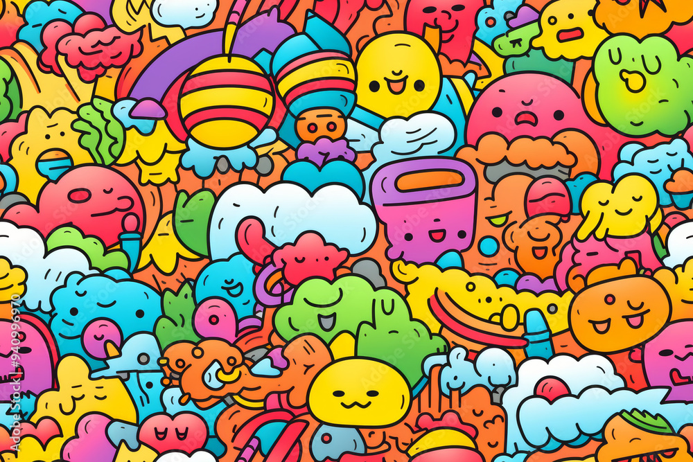 A colorful seamless pattern with a variety of cute cartoon characters and doodle elements. A colorful seamless pattern with a variety of cute cartoon characters and doodle elements.