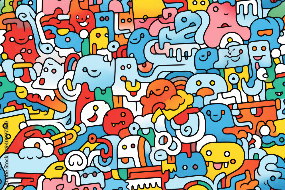 A colorful, abstract background pattern with a chaotic arrangement of cartoon monsters and doodles. A colorful, abstract background pattern with a chaotic arrangement of cartoon monsters and doodles.
