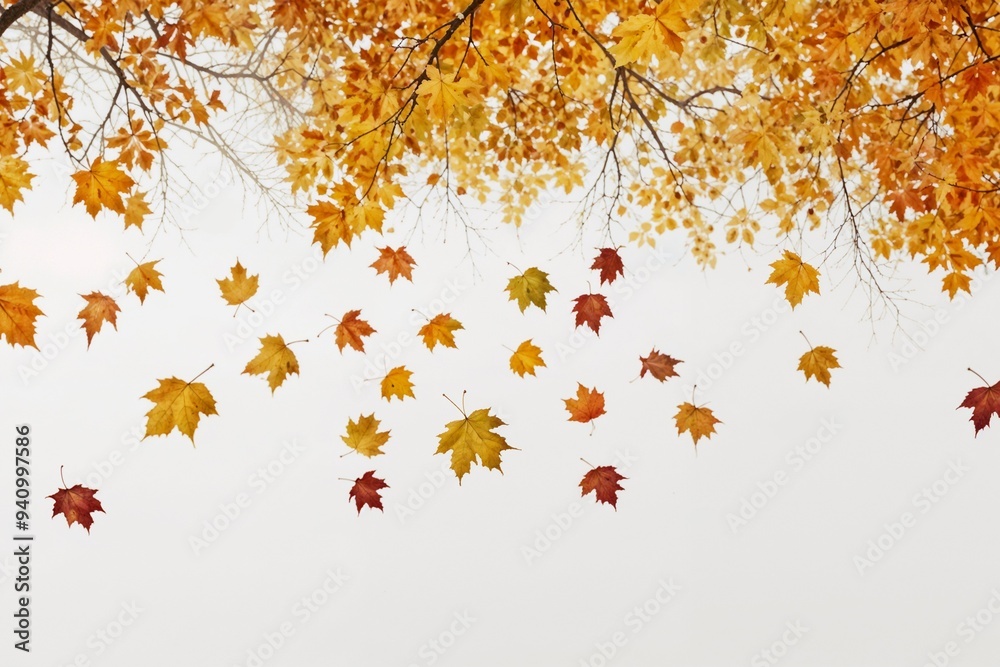 Falling autumn leaves on a white background, showcasing the simplicity and elegance of nature.