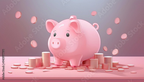 3D illustration of a small pig piggy bank on a table on a pink background, coins falling Direction of business and management, coins in a stack. 