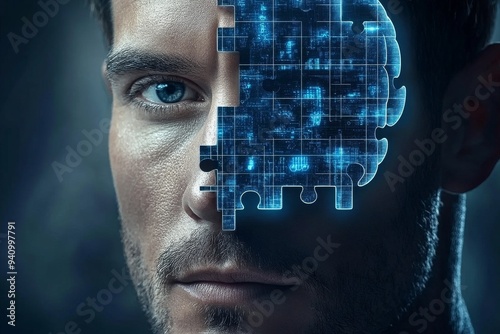 High tech digital portrait of a man with half his face composed of glowing blue circuitry symbolizing the integration of technology thought and evolution of human intelligence in a connected world