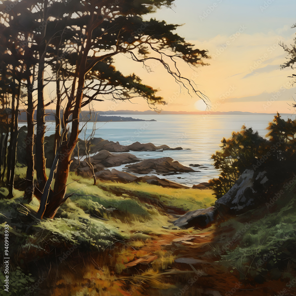 autumn forest in the sunset, oil painting style, blue sea, green tree, yellow sky autumn forest in the sunset, oil painting style, blue sea, green tree, yellow sky
