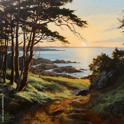 autumn forest in the sunset, oil painting style, blue sea, green tree, yellow sky	