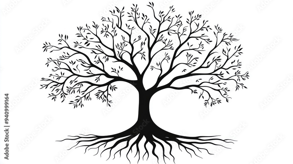 Fototapeta premium Minimalist black tree silhouette with spreading branches and roots, perfectly isolated on a white background for elegant vector graphics.
