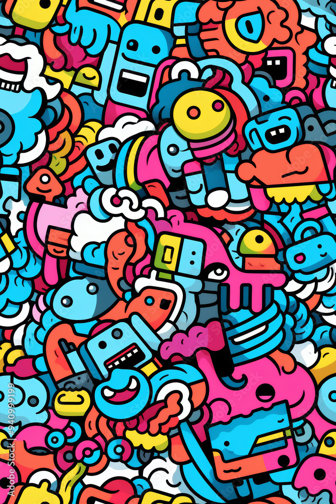 A colorful, whimsical doodle pattern with a variety of happy characters and shapes. A colorful, whimsical doodle pattern with a variety of happy characters and shapes.