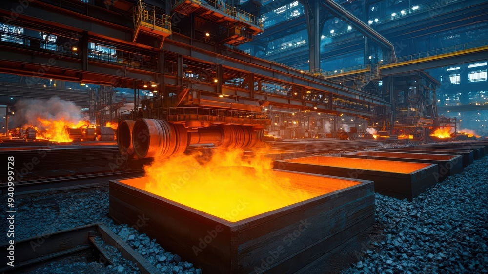 Obraz premium A dramatic view of a steel mill with molten metal and intense heat, showcasing industrial manufacturing and heavy machinery.
