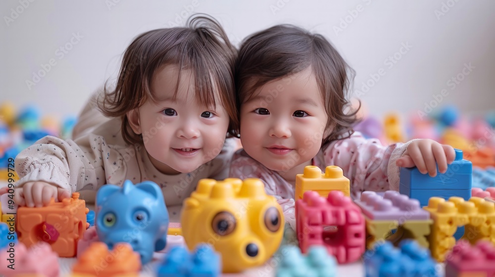 Siblings playing together with toys, Siblings playing together with toys,