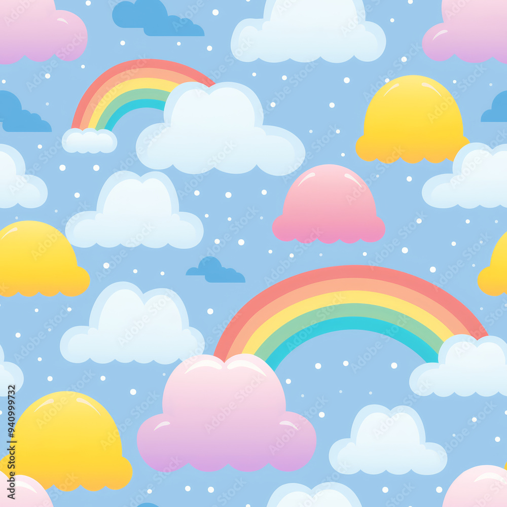 A seamless pattern featuring a blue sky background with colorful clouds, rainbows, and white stars. A seamless pattern featuring a blue sky background with colorful clouds, rainbows, and white stars.