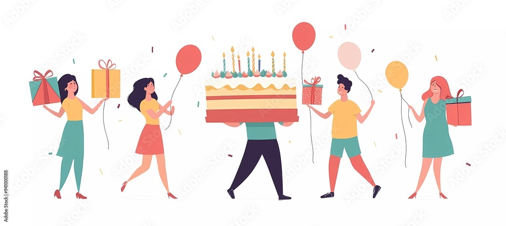 Happy birthday party with people holding cake and gifts, a flat vector illustration isolated on a white background Happy birthday party with people holding cake and gifts, a flat vector illustration isolated on a white background