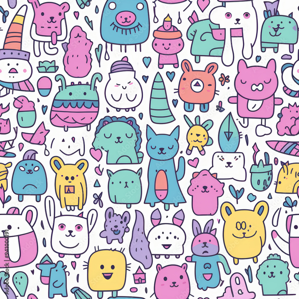 Obraz premium A seamless pattern featuring a playful, colorful array of cartoon animals, hearts, and plants on a white background.