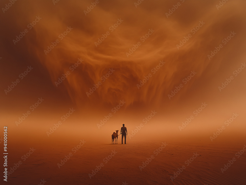 Fototapeta premium A man stands on a sand dune, silhouetted against a sunset sky,
