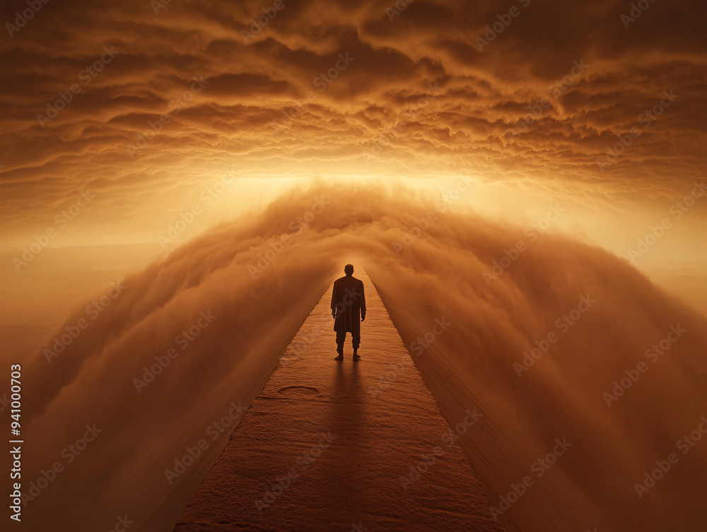 A man stands on a sand dune, silhouetted against a sunset sky, A man stands on a sand dune, silhouetted against a sunset sky,