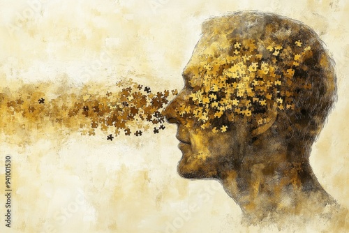 Double exposure portrait of man with his face dissolving into puzzle pieces symbolizing fragmentation of identity the challenges of self perception and emotional impact of cognitive decline