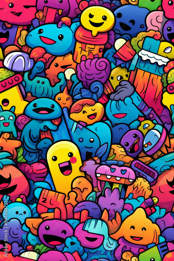 A seamless pattern of colorful doodle characters and objects. A seamless pattern of colorful doodle characters and objects.
