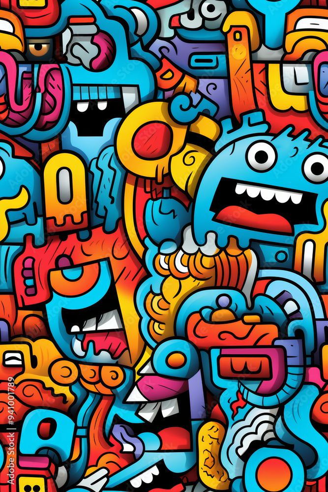 A seamless pattern of colorful doodles, including monsters, shapes, and abstract designs.