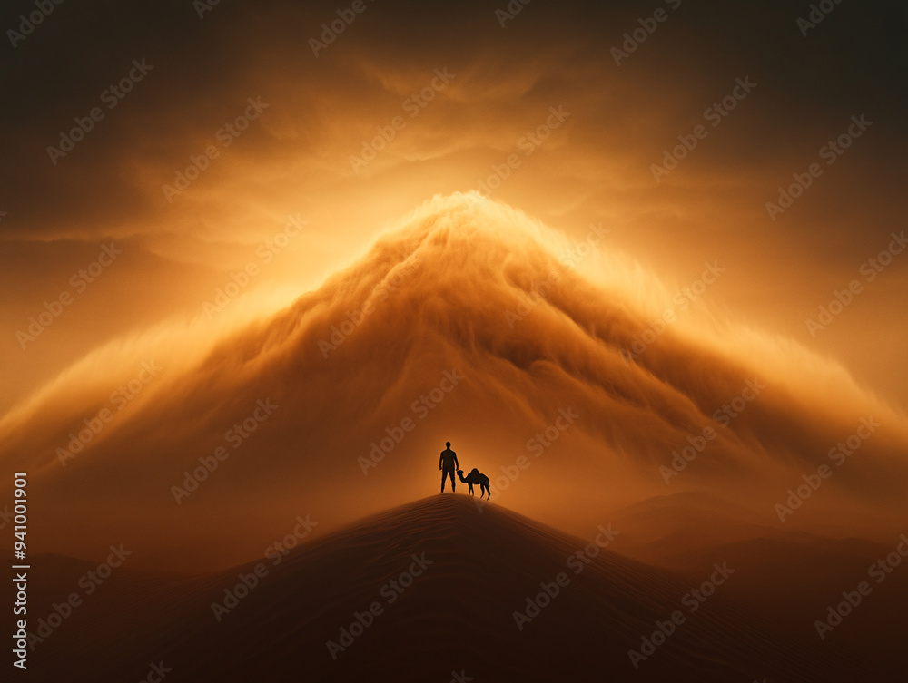 A man stands on a sand dune, silhouetted against a sunset sky, A man stands on a sand dune, silhouetted against a sunset sky,