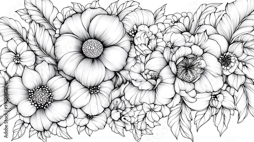 Wallpaper Mural Black and white intricate line art floral drawing. Torontodigital.ca