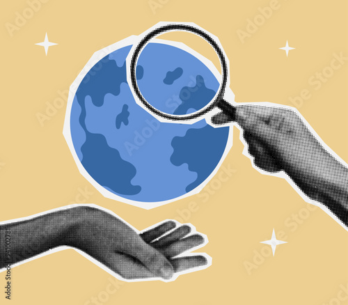 Web or global search concept. Halftone holds planet and magnifying glass in trendy collage style.