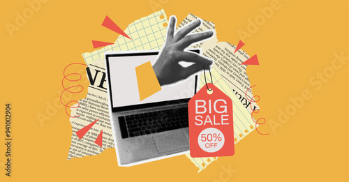 Laptop with halftone hold sale label in retro vintage style. Special offer sale banner with halftone collage elements.