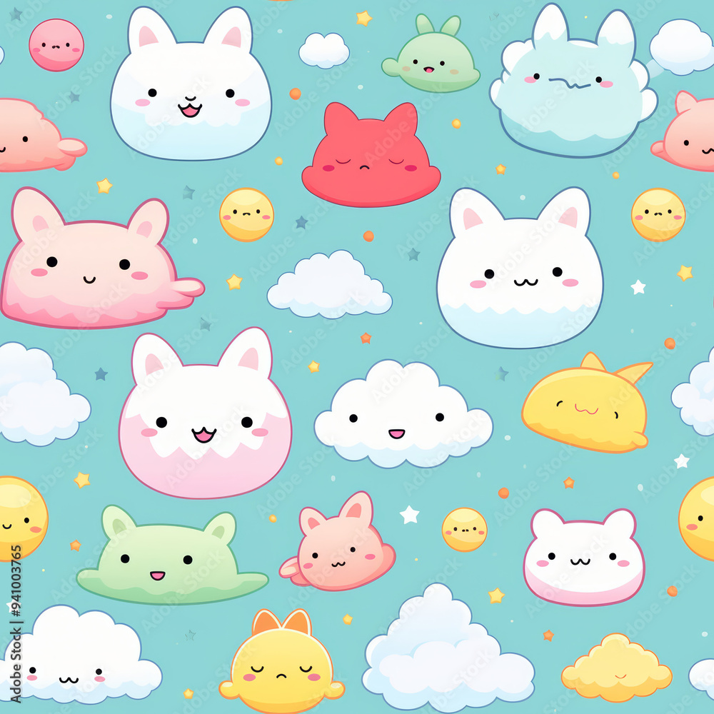 A seamless pattern of cute cartoon clouds, stars, and animals with happy faces on a light blue background. A seamless pattern of cute cartoon clouds, stars, and animals with happy faces on a light blue background.